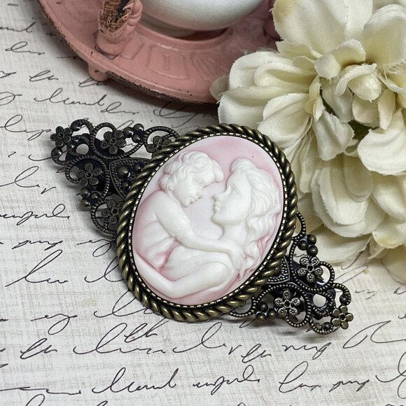 Pink White Mother Child Christmas Gift Mom New Cameo Pin Hair Clip Jewelry Comb - Picture 7 of 11